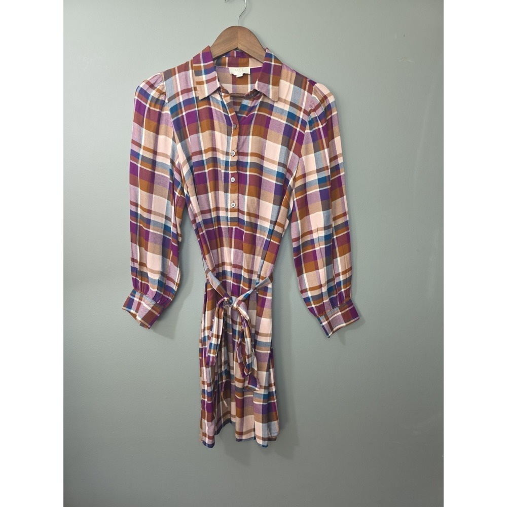Loft Shirt Dress Purple Blue Brown Plaid Belted Small Preppy Country Girl